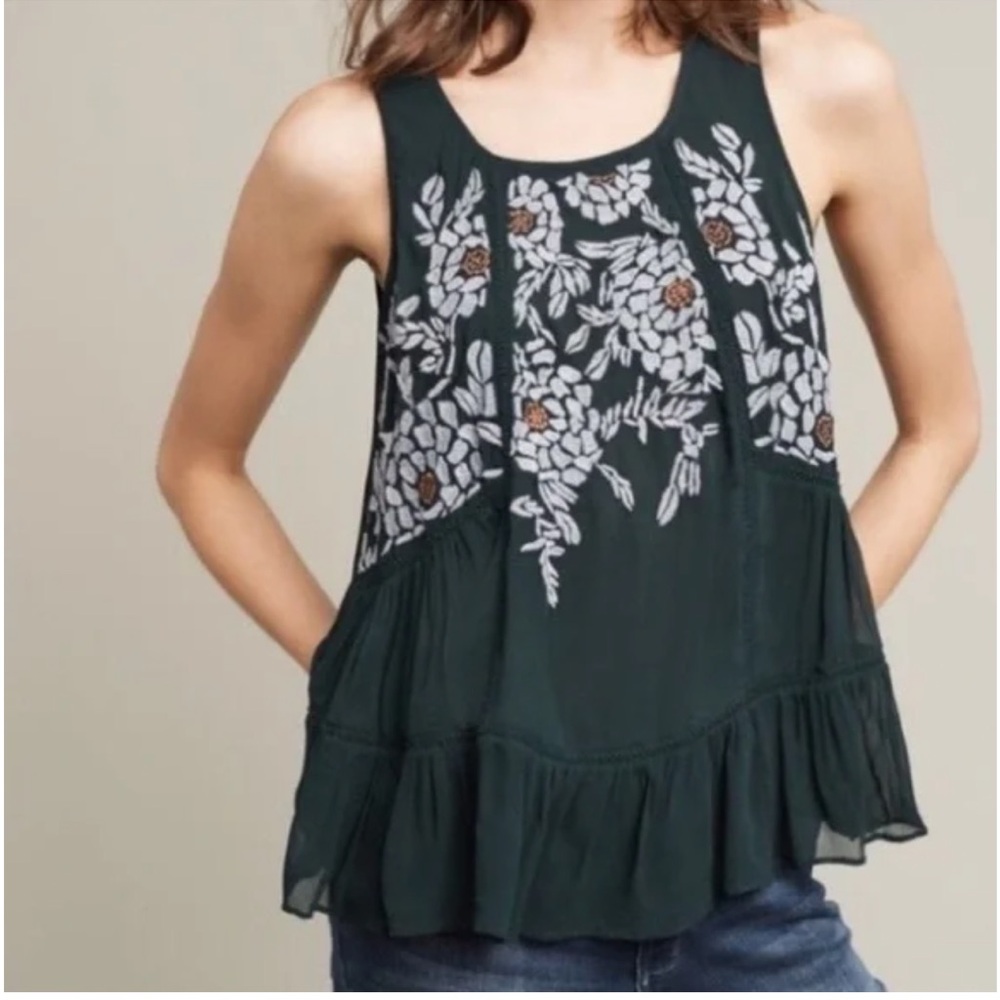 Anthropologie Floral Peasant Top - Dark Green